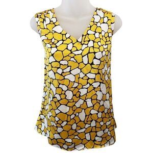 Kasper Sleeveless Satin Blouse Top Womens XS Yellow White Black Animal Print NEW